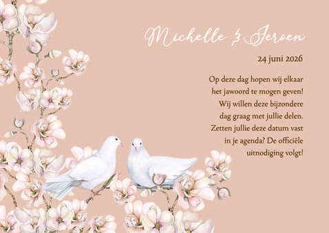 Trouwkaart save the date bloesem duiven 3