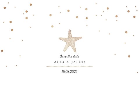Trouwkaart save the date strand zeester goud foto 2