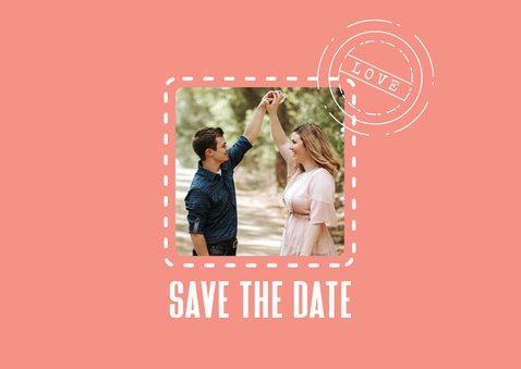 Trouwkaart save the date ticket hip modern foto zalmroze 2