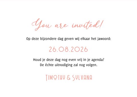 Trouwkaart save the date ticket hip modern foto zalmroze 3