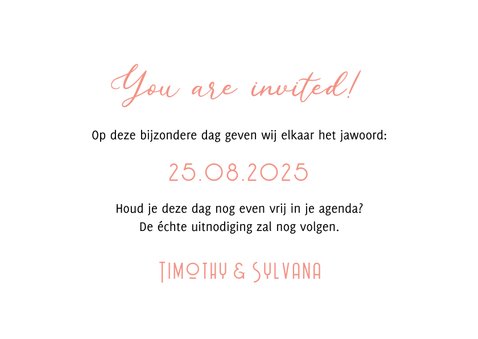 Trouwkaart save the date ticket hip modern foto zalmroze 3