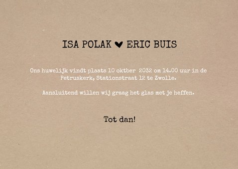 Trouwkaart ticket in kraftlook met donkere achtergrond 3