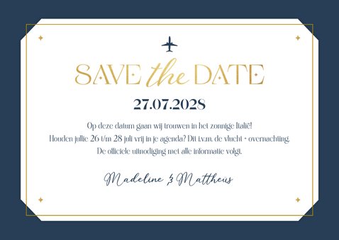 Trouwkaart ticket stijlvol save the date foto vliegtuig 3