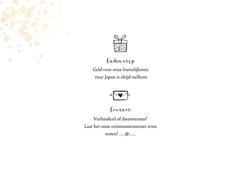 Trouwkaart uitnodiging goudlook tijdlijn met illustraties 2