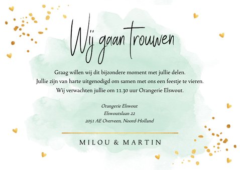 Trouwkaart waterverf mintgroen goudlook hartjes rechthoekig 3