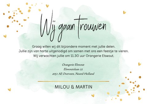 Trouwkaart waterverf mintgroen goudlook hartjes rechthoekig 3