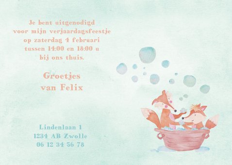 Uitnodiging 1 jaar eigen foto vosjes in bad 3