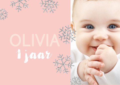 Uitnodiging 1 jaar foto meisje sneeuwvlokjes 2