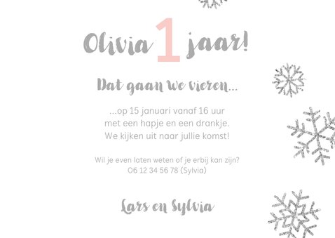 Uitnodiging 1 jaar foto meisje sneeuwvlokjes 3