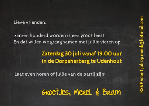 Uitnodiging 100 ballon goud op krijtbord 3