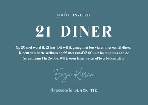 Uitnodiging 21 diner stijlvol blauw met veren 3