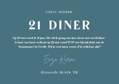 Uitnodiging 21 diner stijlvol blauw met veren 3