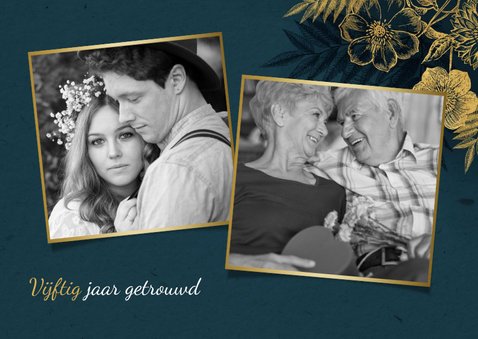 Uitnodiging 50 jarig jubileum met gouden bloemen & waterverf 2