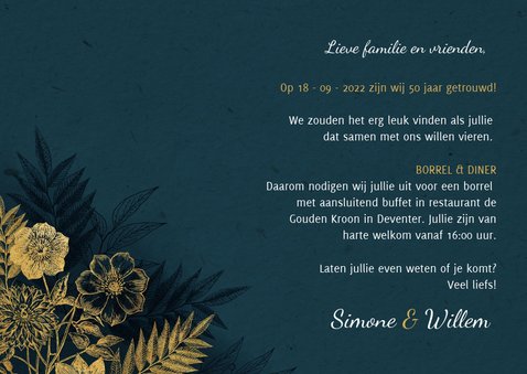 Uitnodiging 50 jarig jubileum met gouden bloemen & waterverf 3