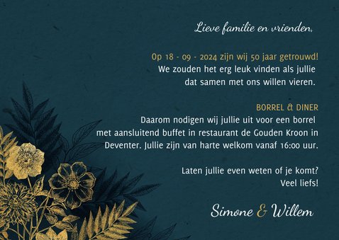 Uitnodiging 50 jarig jubileum met gouden bloemen & waterverf 3