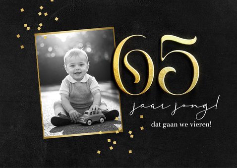 Uitnodiging 65 jaar man krijtbord bier confetti foto's goud 2