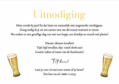 Uitnodiging 65 jaar man krijtbord bier confetti foto's goud 3
