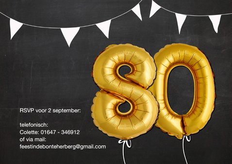 Uitnodiging 80 jaar Ballon goud krijtbord 2