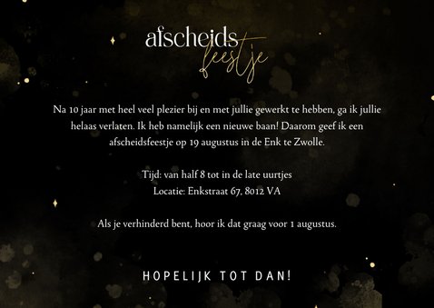 Uitnodiging afscheidsfeestje zwart en goudlook typografie 3