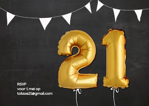 Uitnodiging Ballonnen goud 21 2