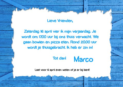 Uitnodiging ballon 5 blauw hout 3