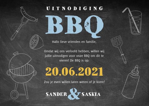Uitnodiging BBQ met hout, krijtbord, illustraties en foto's 3