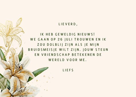 Uitnodiging bruidsmeisje witte lelies met goudfolie 3