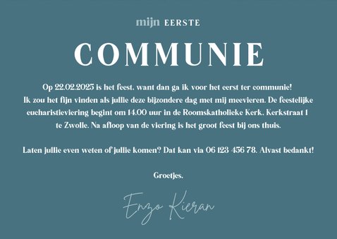 Uitnodiging communie blauw stijlvol met veren 3