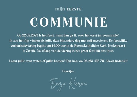 Uitnodiging communie blauw stijlvol met veren 3