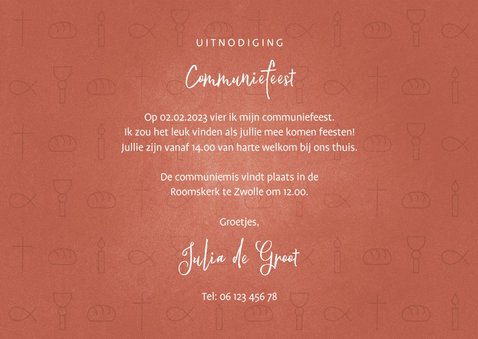 Uitnodiging communie christelijke symbolen met foto meisje 3