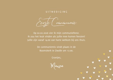 Uitnodiging communie grote foto met goudlook hartjeskader 3