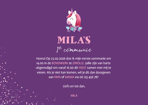 Uitnodiging communie grote foto met unicorn en confetti 3