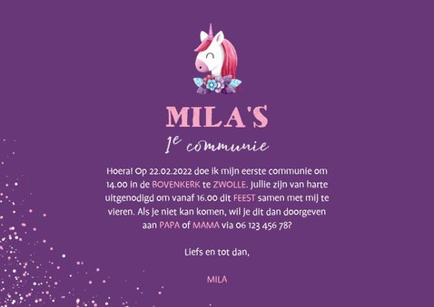 Uitnodiging communie grote foto met unicorn en confetti 3