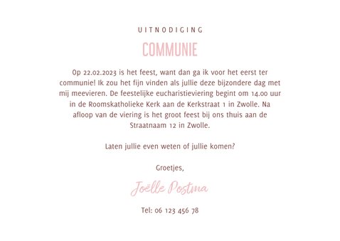 Uitnodiging communie hip waterverf roze met hartjes 3