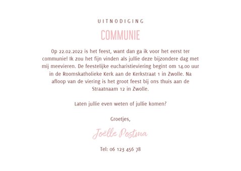 Uitnodiging communie hip waterverf roze met hartjes 3