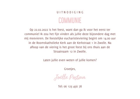 Uitnodiging communie hip waterverf roze met hartjes 3