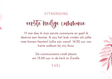 Uitnodiging communie meisje olijftakjes fotostrip roze 3