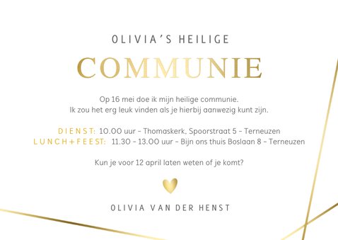 Uitnodiging communie met eigen foto en gouden lijnen 3