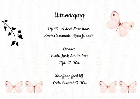 Uitnodiging communie met lieve roze vlinders en eigen foto 3