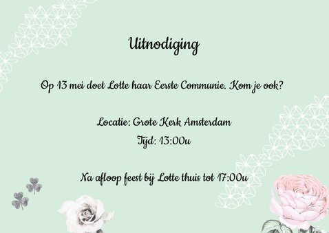 Uitnodiging Communie met lieve vogeltjes en aanpasbare foto 3