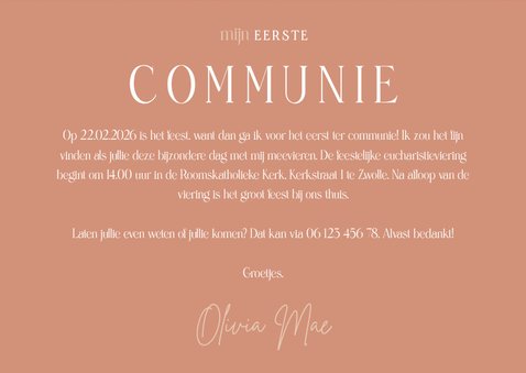 Uitnodiging communie stijlvol met veren terracotta 3