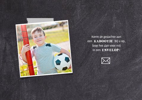 Uitnodiging communie voetbal met foto krijtbord 2