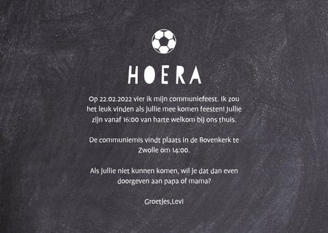 Uitnodiging communie voetbal met foto krijtbord 3