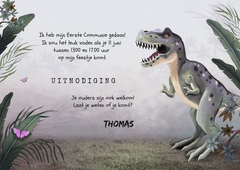 Uitnodiging communiefeest jongen t-rex dino jungle 3