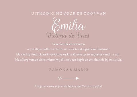 Uitnodiging doop foto & initaal oudroze 3