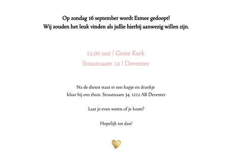 Uitnodiging doopfeest met waterverf, hartjes en grote foto 3
