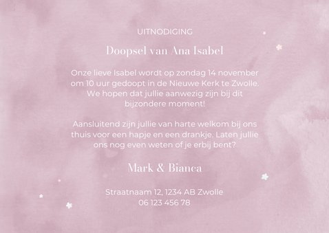 Uitnodiging doopsel lila waterverf en holo bloempjes 3