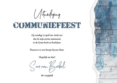 Uitnodiging eerste communie houtlook doorkijkje blauw stoer 3