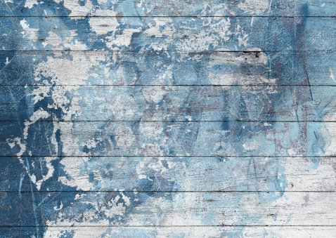 Uitnodiging eerste communie houtlook doorkijkje blauw stoer Achterkant