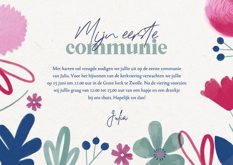 Uitnodiging eerste communie kleurrijke bloemen meisje 3